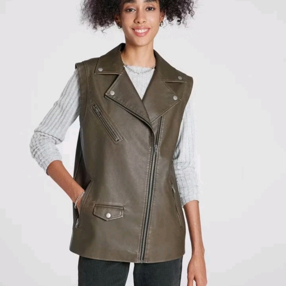 Grey Deep Brown Sleeveless Women's Jacket Faux Leather Size M. Wild Fable NWT